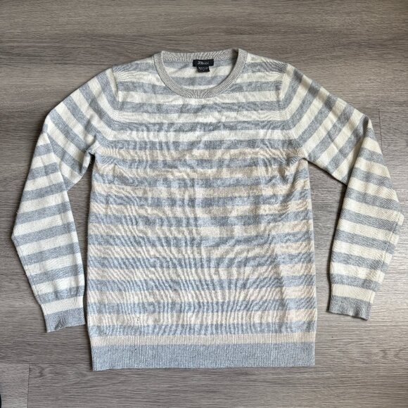 Pure Amici Women's 100% Cashmere Sweater Ivory & Gray Stripe Crew Neck Size M - Picture 1 of 7